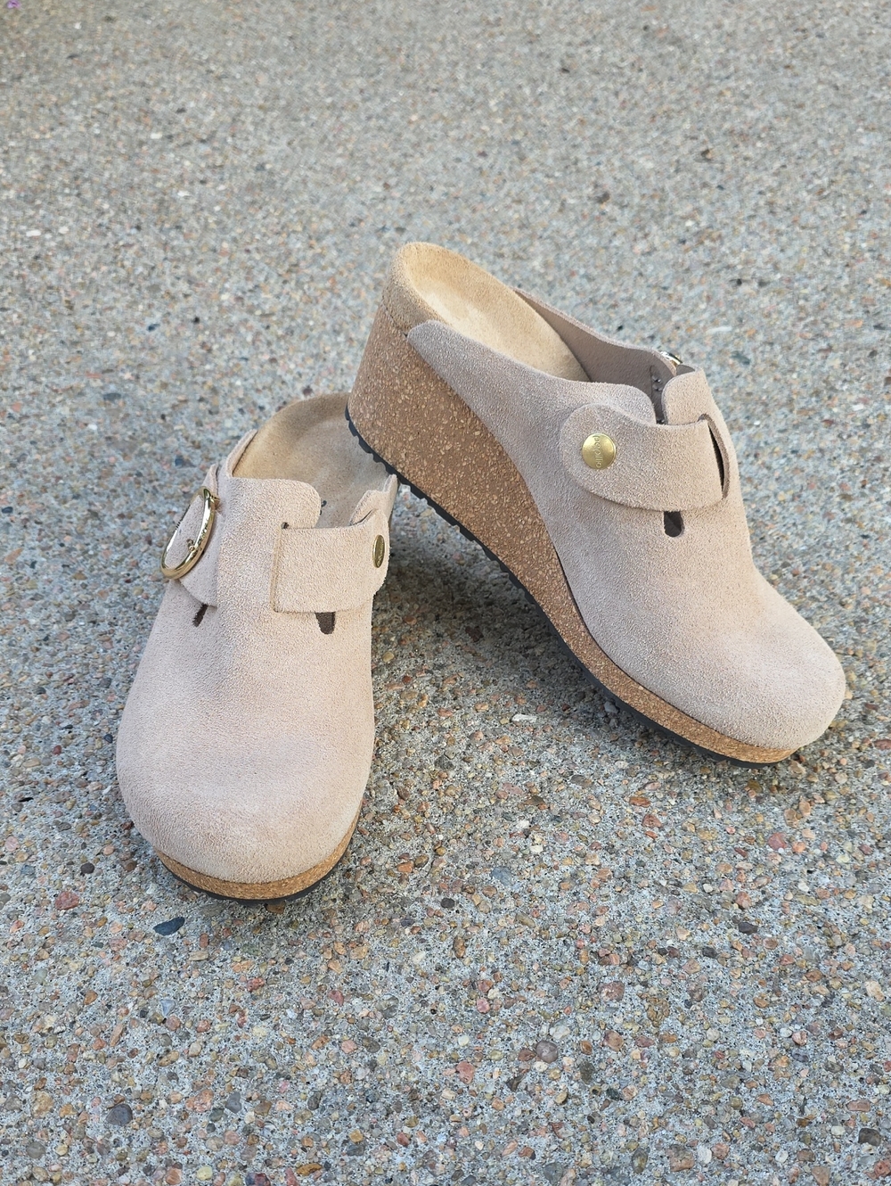 Birkenstock Papillio Fanny Slip On Suede Wedge Clog Mules Warm Sand Size 38
